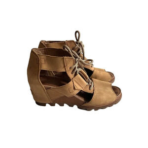 Sorel Sandal Women 9.5 Joanie Wedge Gladiator Brown Leather Peep Toe Tie Casual